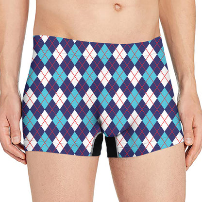 Blue White And Red Argyle Pattern Print Men's Boxer Briefs