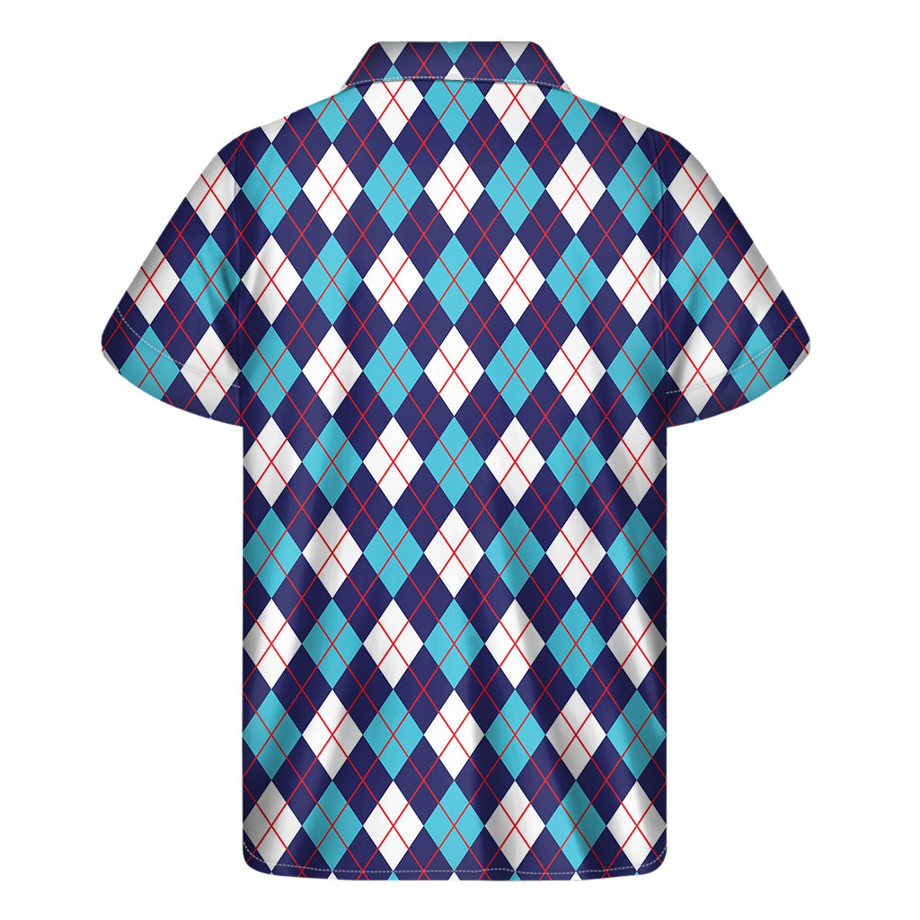 Blue White And Red Argyle Pattern Print Men's Short Sleeve Shirt