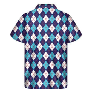 Blue White And Red Argyle Pattern Print Men's Short Sleeve Shirt