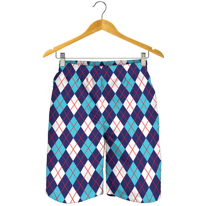 Blue White And Red Argyle Pattern Print Men's Shorts