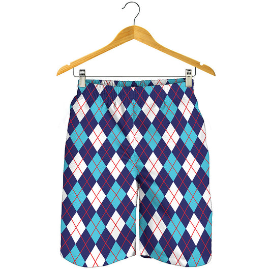 Blue White And Red Argyle Pattern Print Men's Shorts