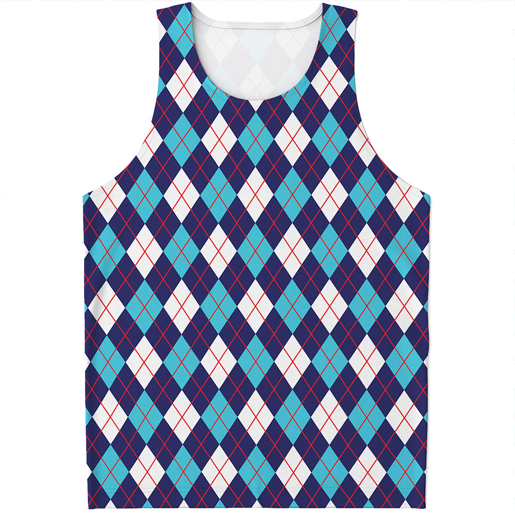 Blue White And Red Argyle Pattern Print Men's Tank Top