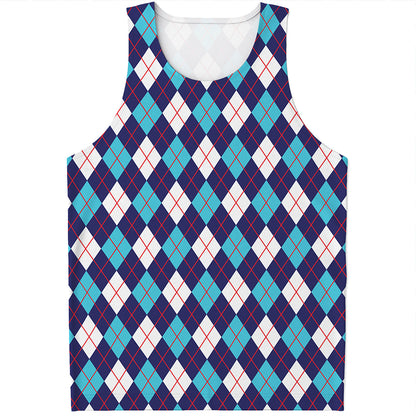 Blue White And Red Argyle Pattern Print Men's Tank Top