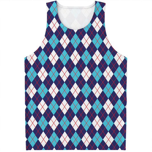 Blue White And Red Argyle Pattern Print Men's Tank Top