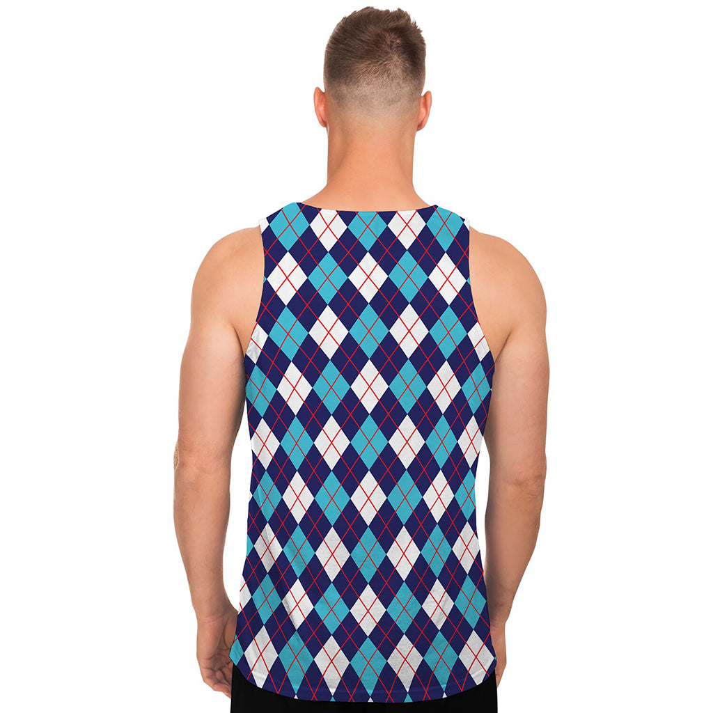 Blue White And Red Argyle Pattern Print Men's Tank Top