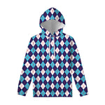 Blue White And Red Argyle Pattern Print Pullover Hoodie