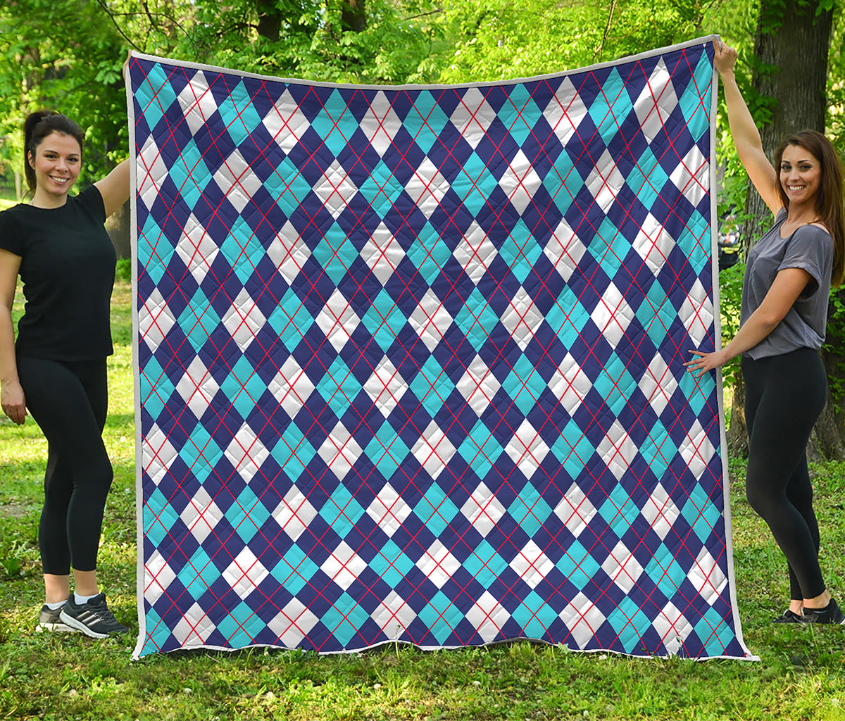 Blue White And Red Argyle Pattern Print Quilt