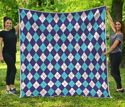 Blue White And Red Argyle Pattern Print Quilt