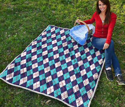 Blue White And Red Argyle Pattern Print Quilt