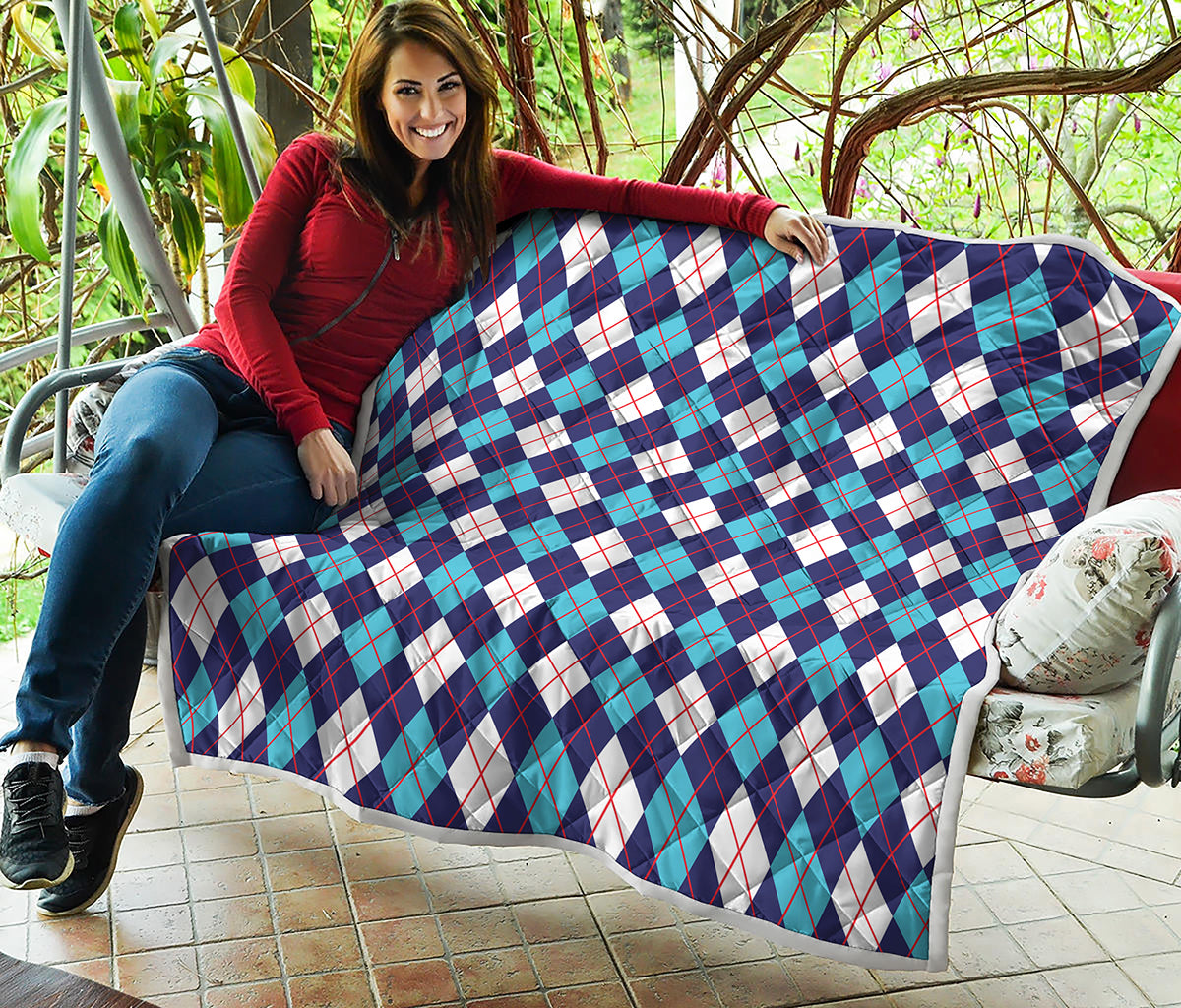 Blue White And Red Argyle Pattern Print Quilt