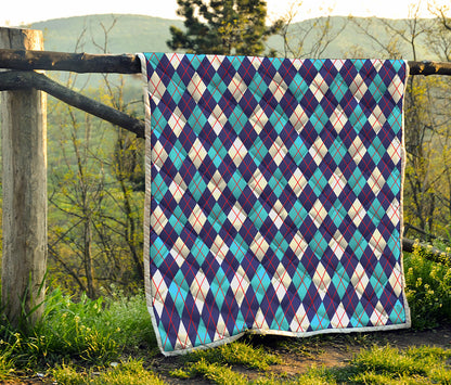 Blue White And Red Argyle Pattern Print Quilt
