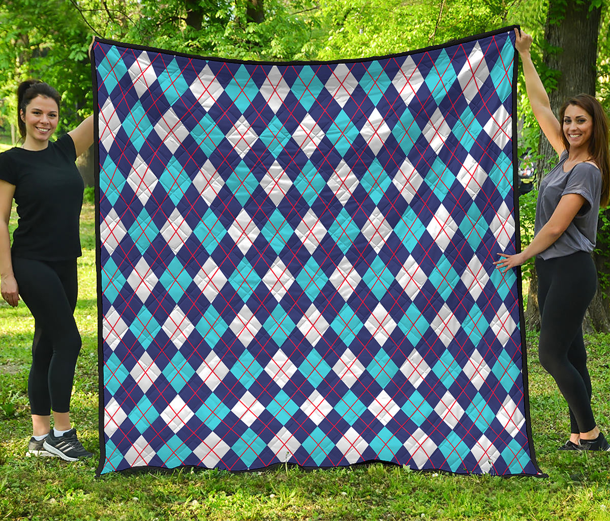 Blue White And Red Argyle Pattern Print Quilt