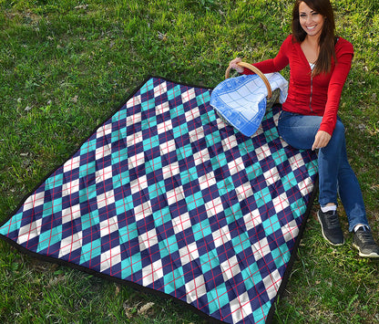 Blue White And Red Argyle Pattern Print Quilt