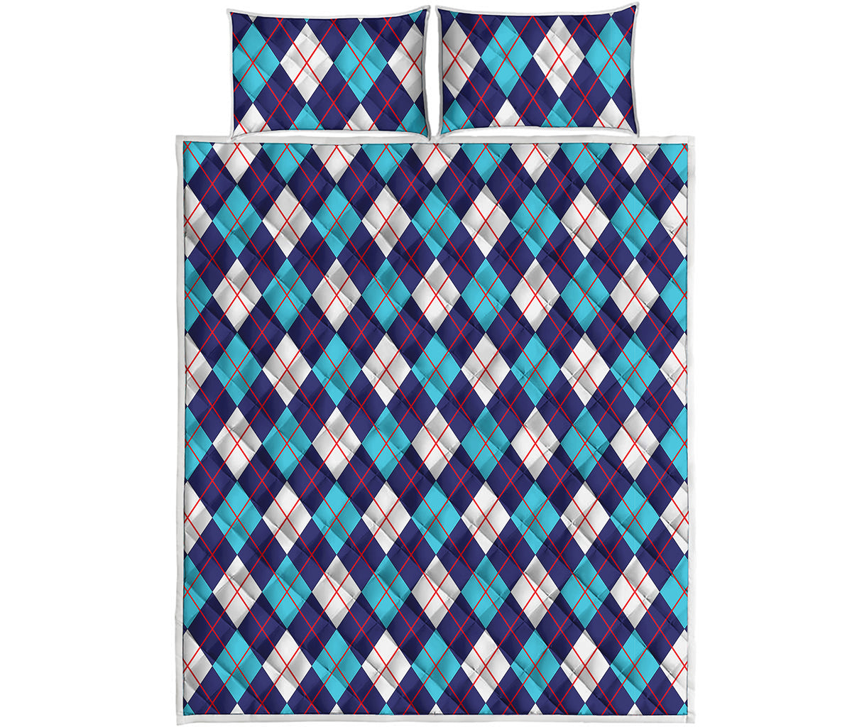 Blue White And Red Argyle Pattern Print Quilt Bed Set
