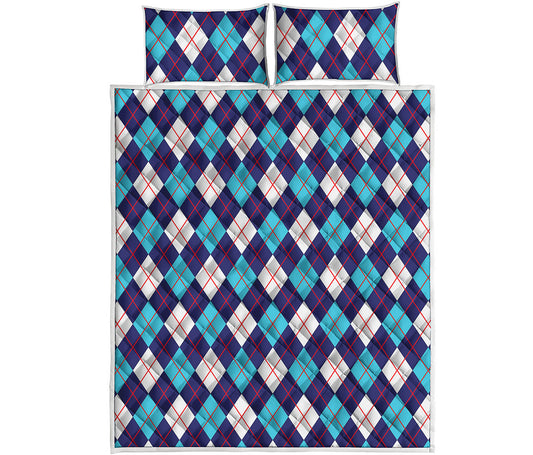 Blue White And Red Argyle Pattern Print Quilt Bed Set