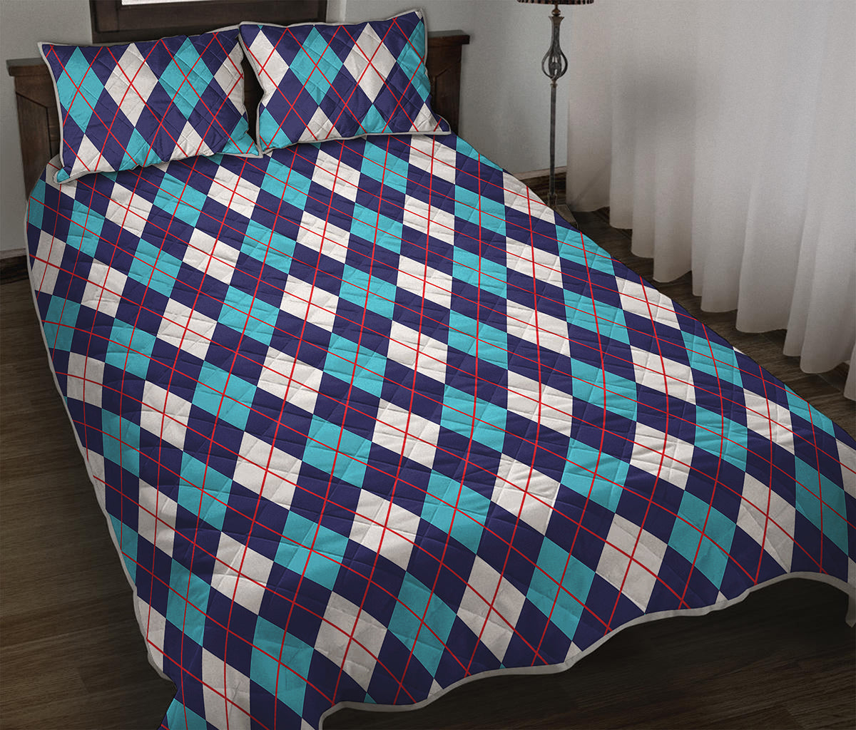 Blue White And Red Argyle Pattern Print Quilt Bed Set