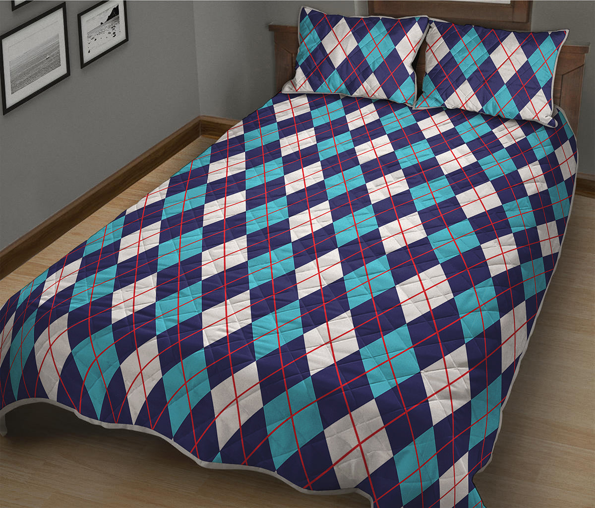 Blue White And Red Argyle Pattern Print Quilt Bed Set