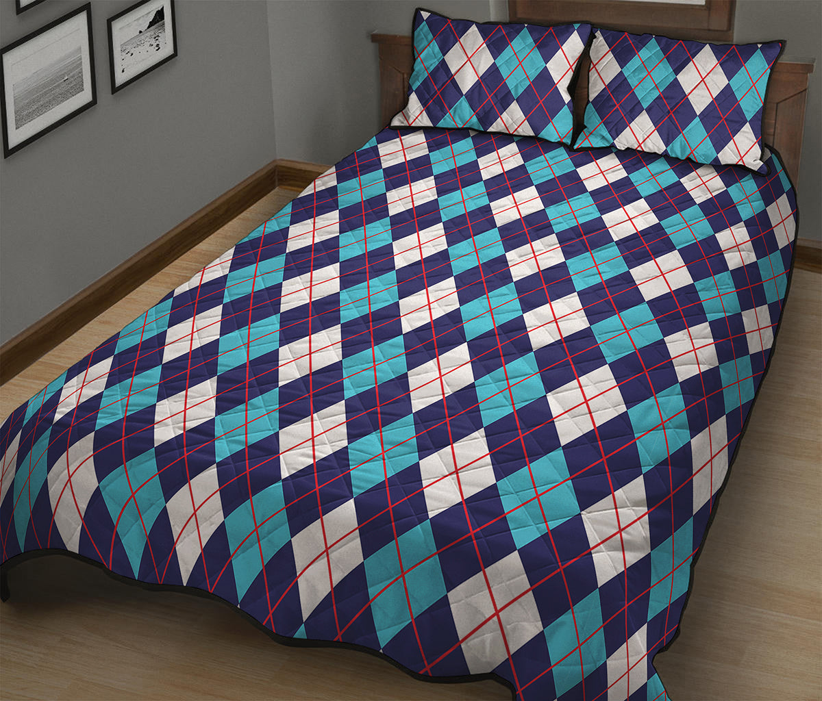 Blue White And Red Argyle Pattern Print Quilt Bed Set