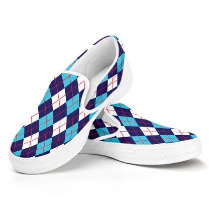 Blue White And Red Argyle Pattern Print White Slip On Shoes