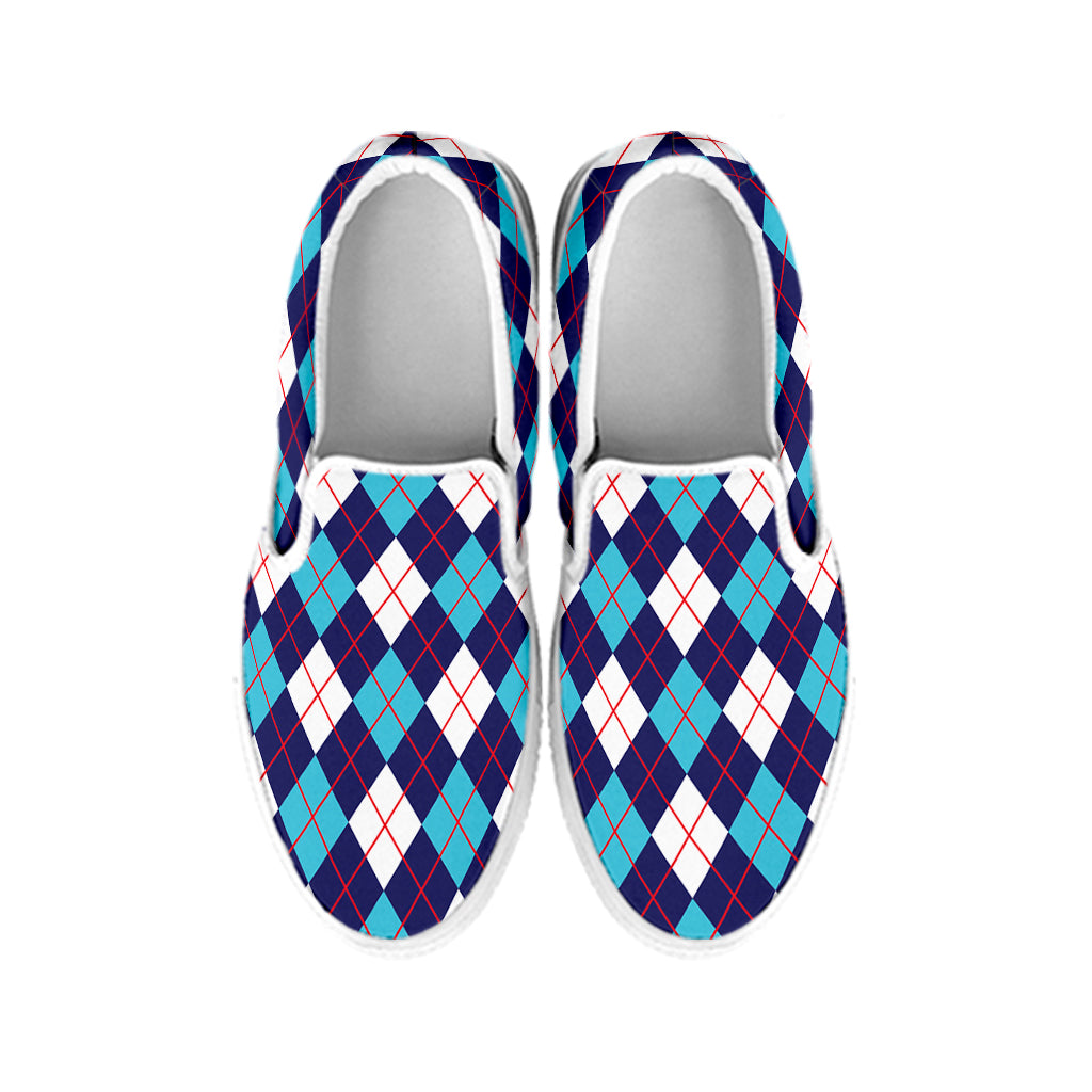 Blue White And Red Argyle Pattern Print White Slip On Shoes