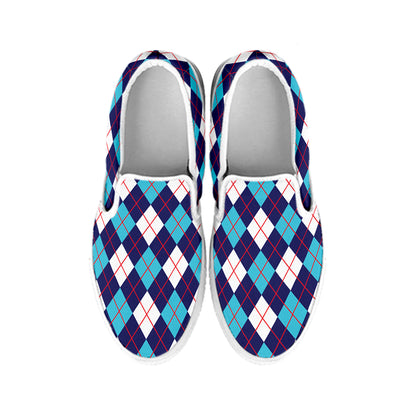 Blue White And Red Argyle Pattern Print White Slip On Shoes