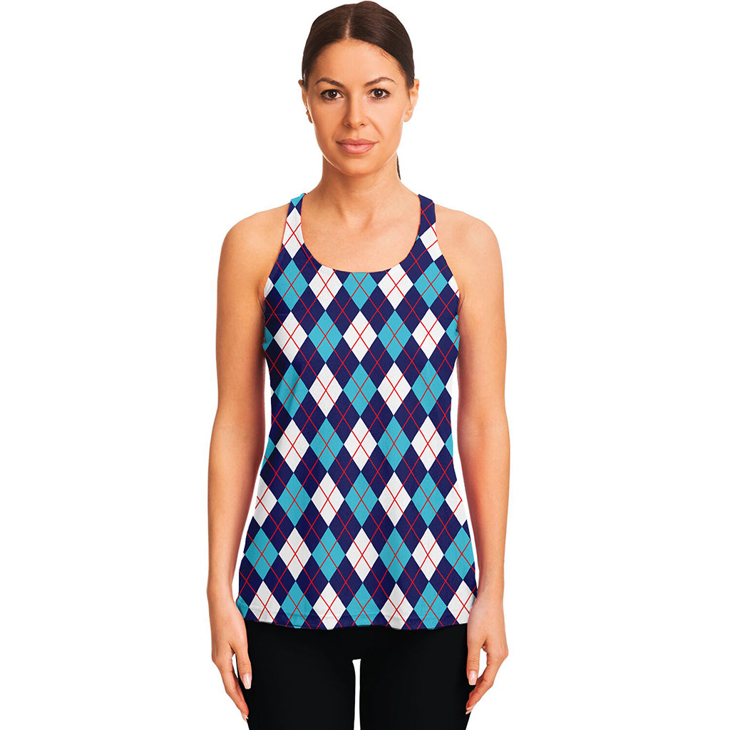 Blue White And Red Argyle Pattern Print Women's Racerback Tank Top
