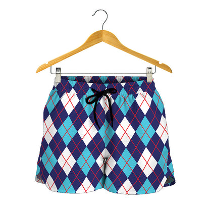 Blue White And Red Argyle Pattern Print Women's Shorts