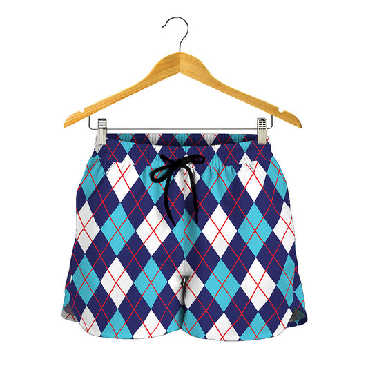 Blue White And Red Argyle Pattern Print Women's Shorts