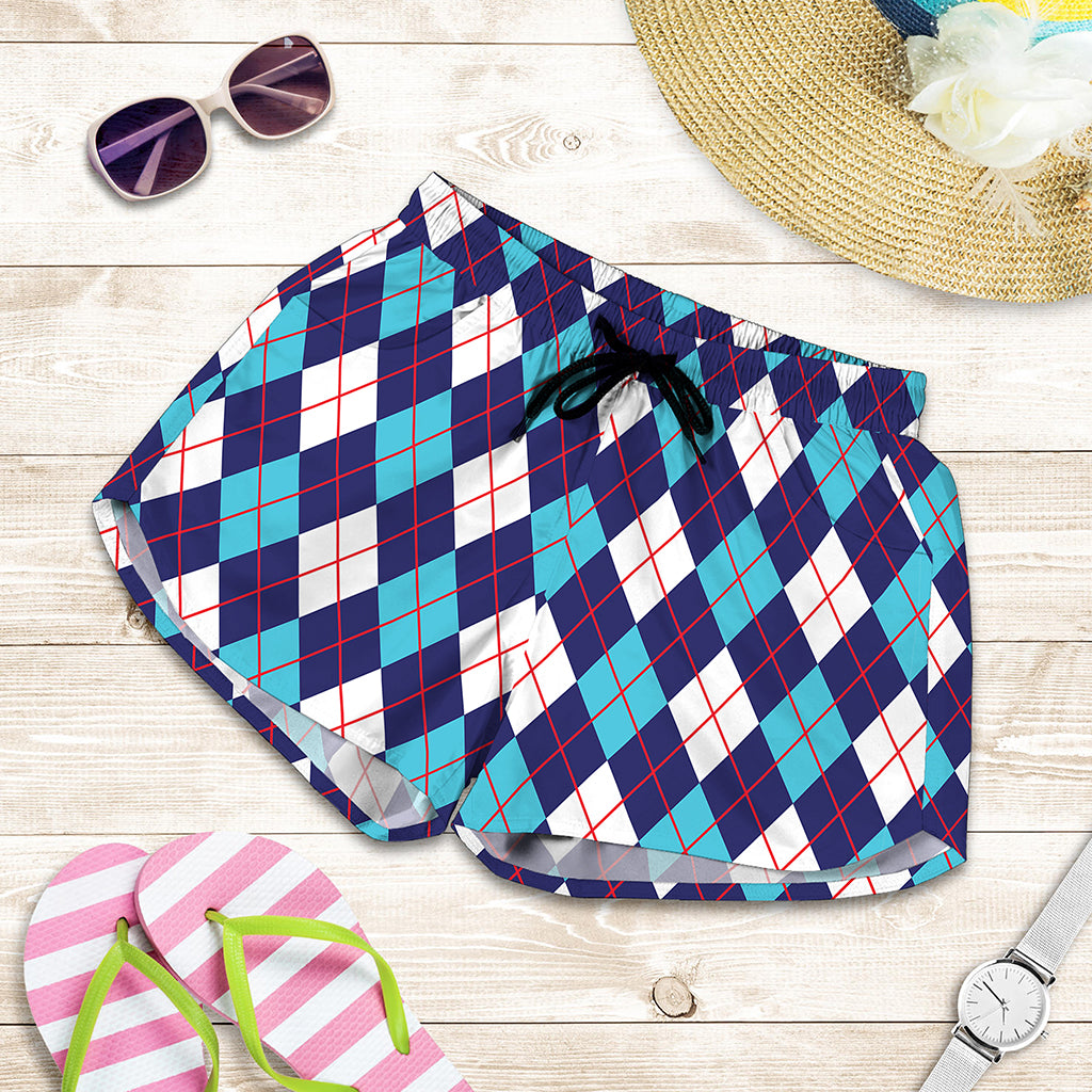 Blue White And Red Argyle Pattern Print Women's Shorts