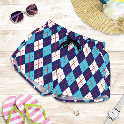 Blue White And Red Argyle Pattern Print Women's Shorts