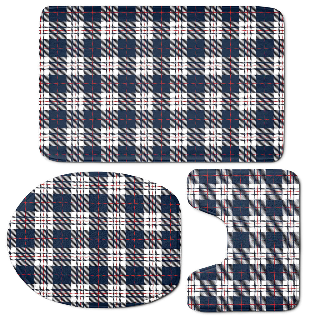 Blue White And Red Tartan Pattern Print 3 Piece Bath Mat Set