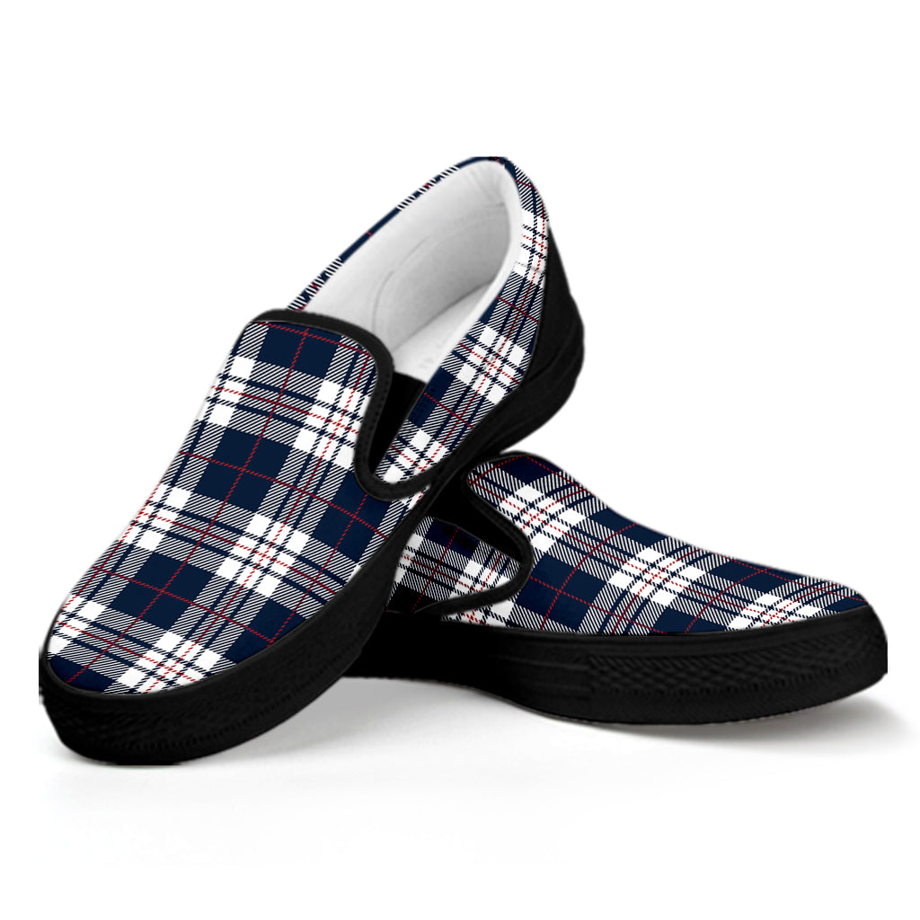 Blue White And Red Tartan Pattern Print Black Slip On Shoes