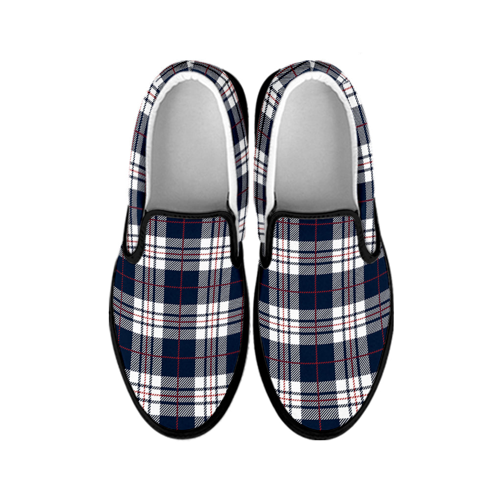 Blue White And Red Tartan Pattern Print Black Slip On Shoes