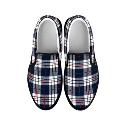 Blue White And Red Tartan Pattern Print Black Slip On Shoes
