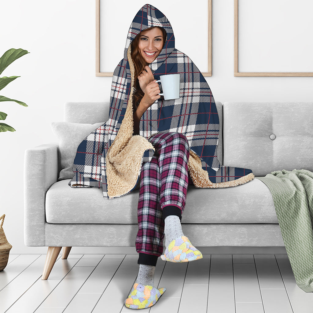 Blue White And Red Tartan Pattern Print Hooded Blanket
