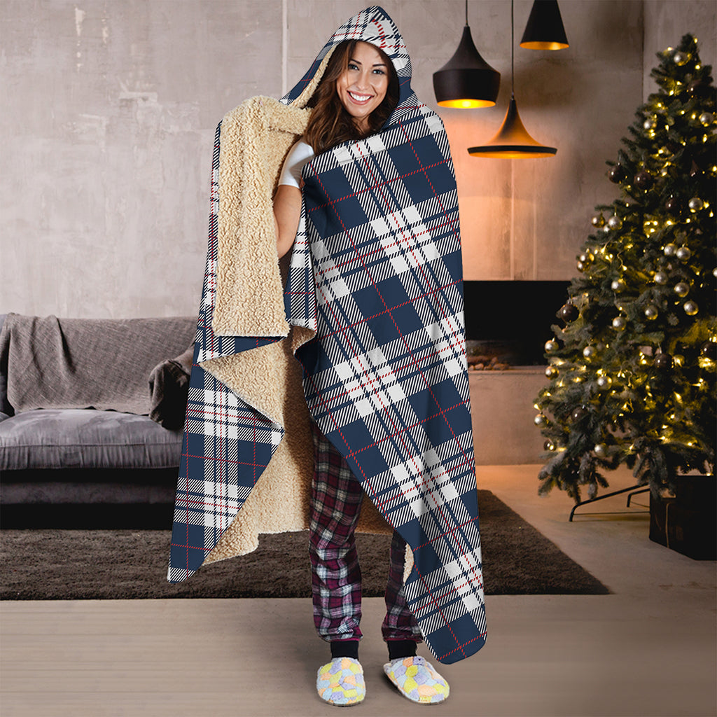 Blue White And Red Tartan Pattern Print Hooded Blanket