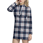 Blue White And Red Tartan Pattern Print Hoodie Dress