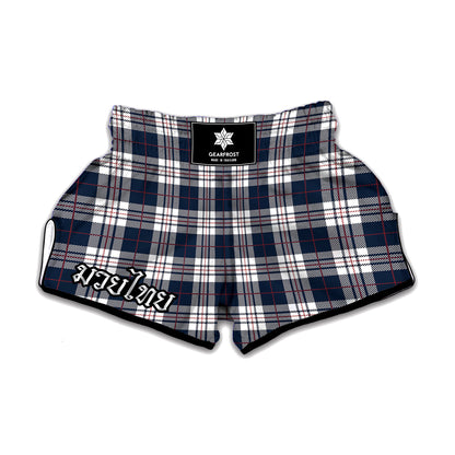 Blue White And Red Tartan Pattern Print Muay Thai Boxing Shorts