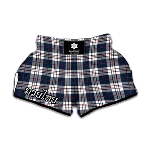 Blue White And Red Tartan Pattern Print Muay Thai Boxing Shorts