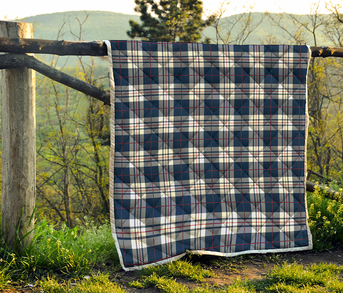 Blue White And Red Tartan Pattern Print Quilt
