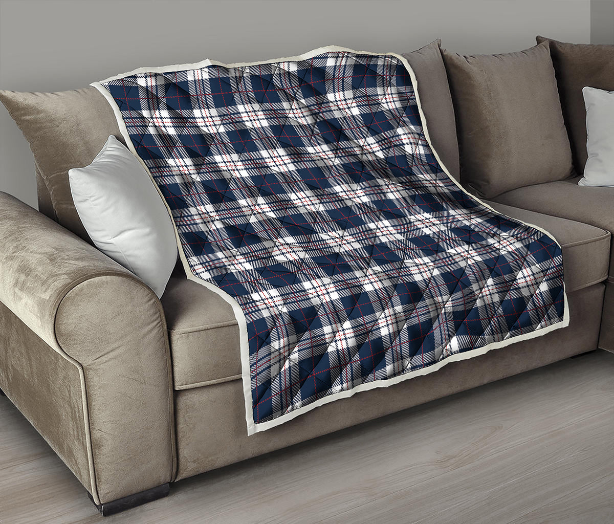 Blue White And Red Tartan Pattern Print Quilt