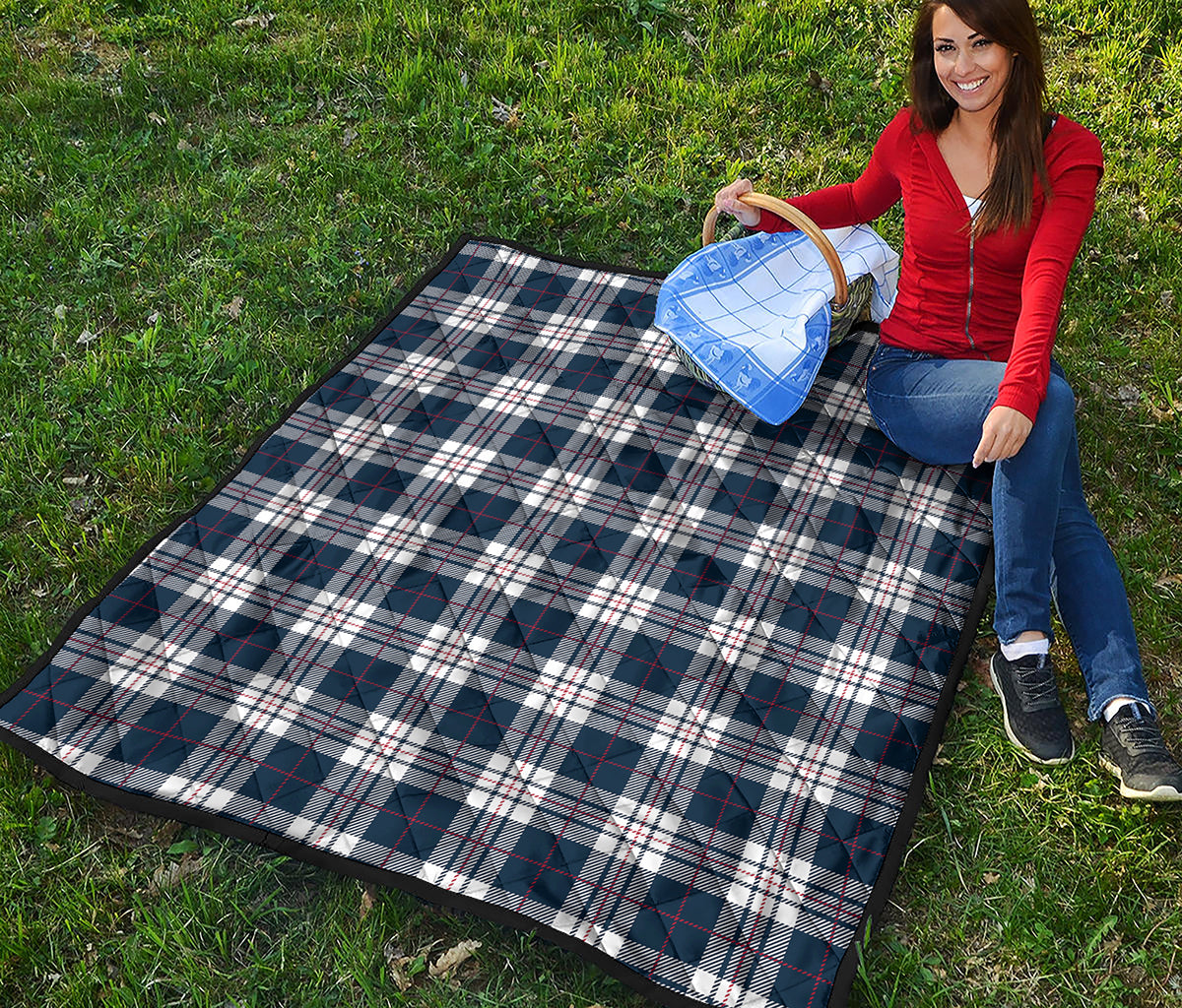 Blue White And Red Tartan Pattern Print Quilt