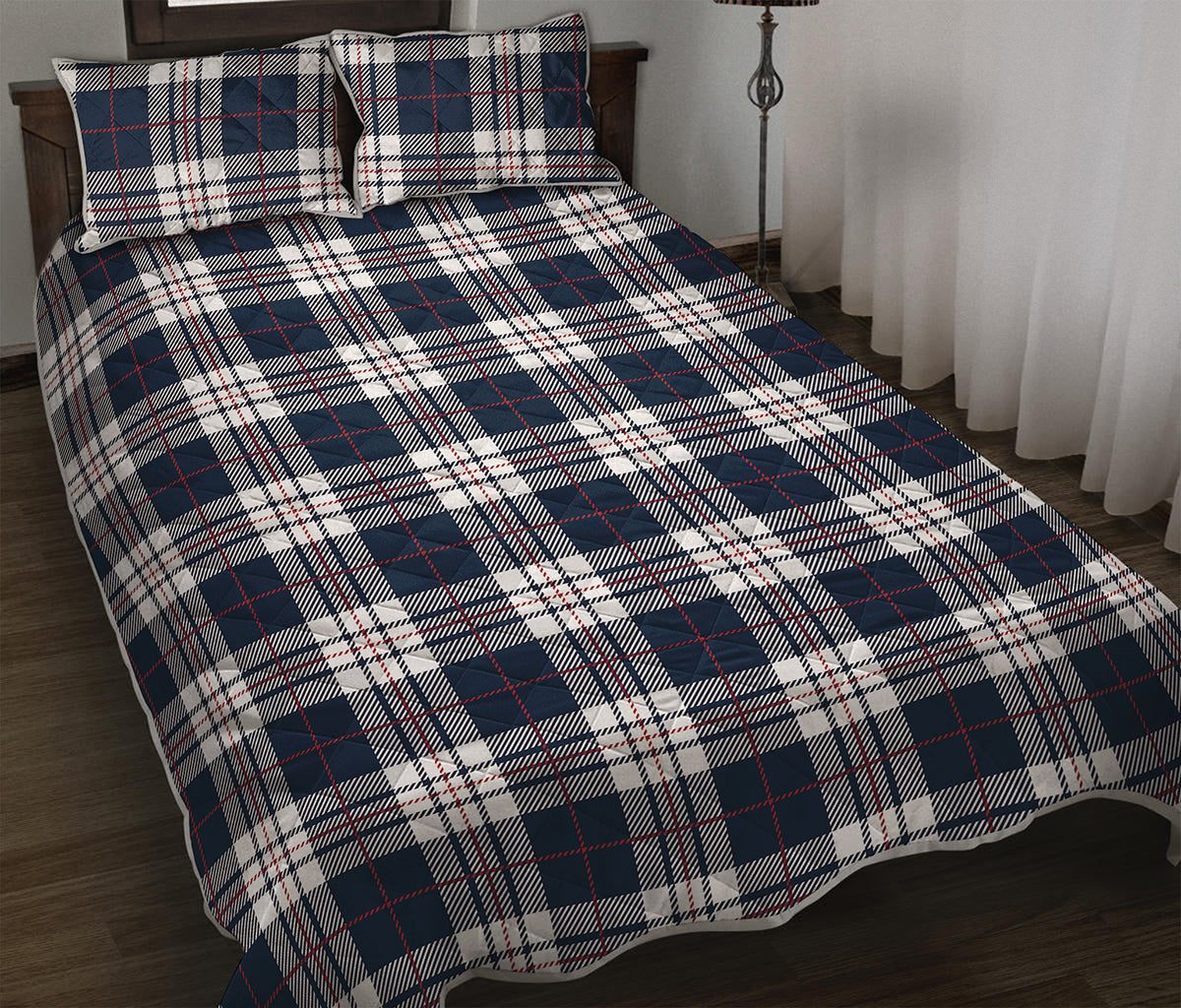Blue White And Red Tartan Pattern Print Quilt Bed Set