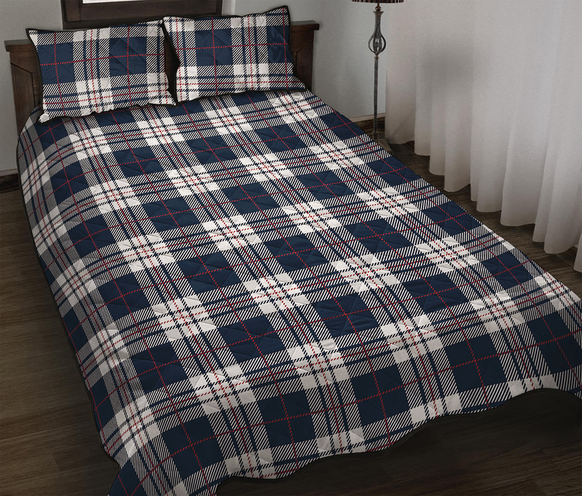 Blue White And Red Tartan Pattern Print Quilt Bed Set