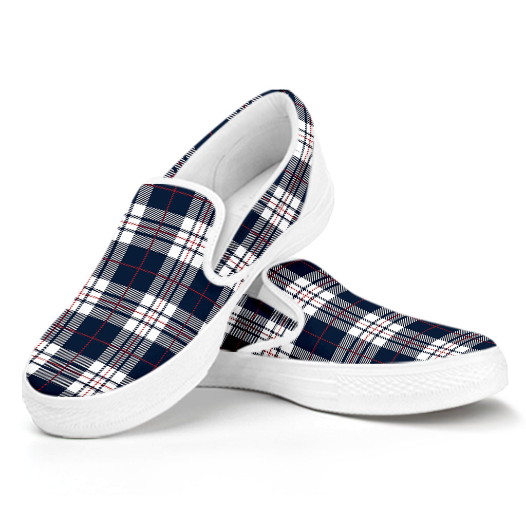 Blue White And Red Tartan Pattern Print White Slip On Shoes