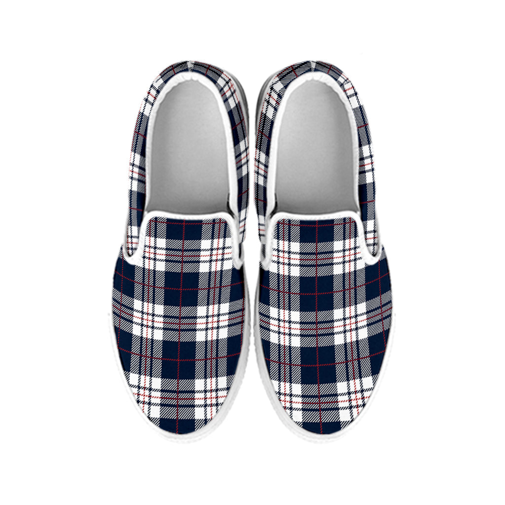 Blue White And Red Tartan Pattern Print White Slip On Shoes