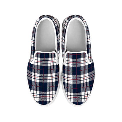 Blue White And Red Tartan Pattern Print White Slip On Shoes