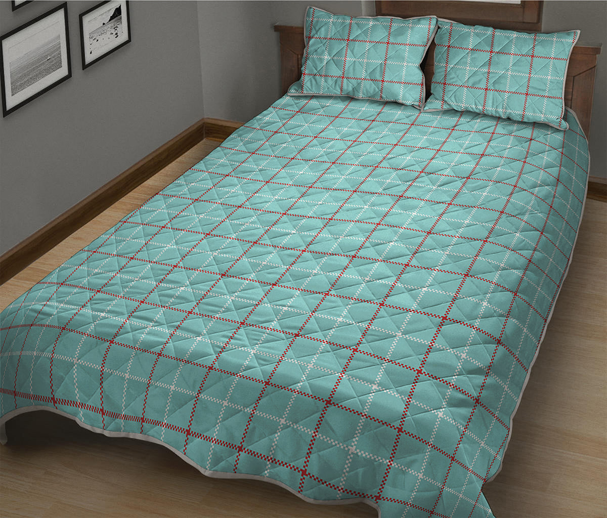 Blue White And Red Tattersall Print Quilt Bed Set