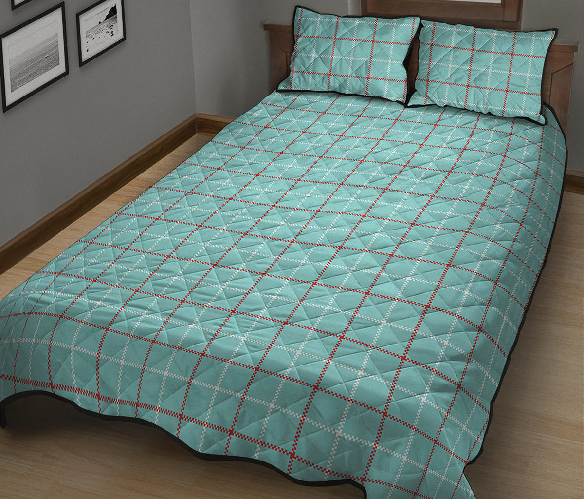 Blue White And Red Tattersall Print Quilt Bed Set