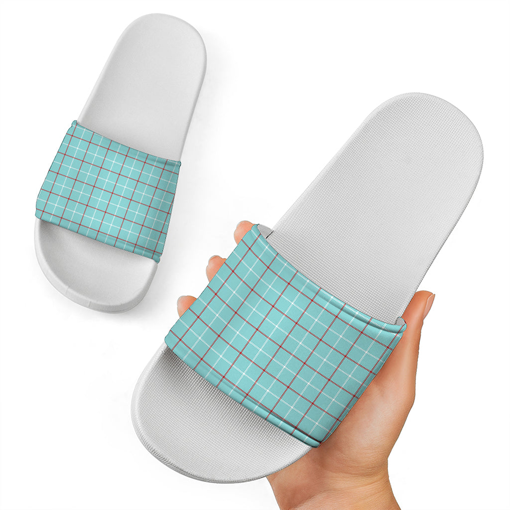 Blue White And Red Tattersall Print White Slide Sandals
